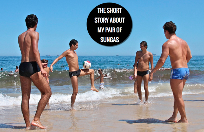 Men wearing a pair of sungas on Ipanema Beach, Brazil