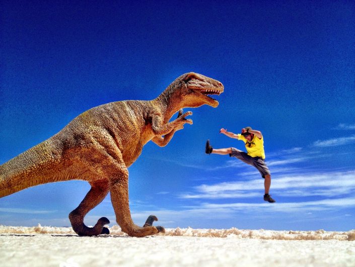 Simon Heyes with dinosaur - Salar de Uyuni, Bolivia