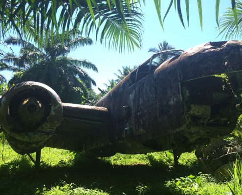 A B25 bomber in its final resting place on the Talasea airstrip, New Britain, Papua New Guinea