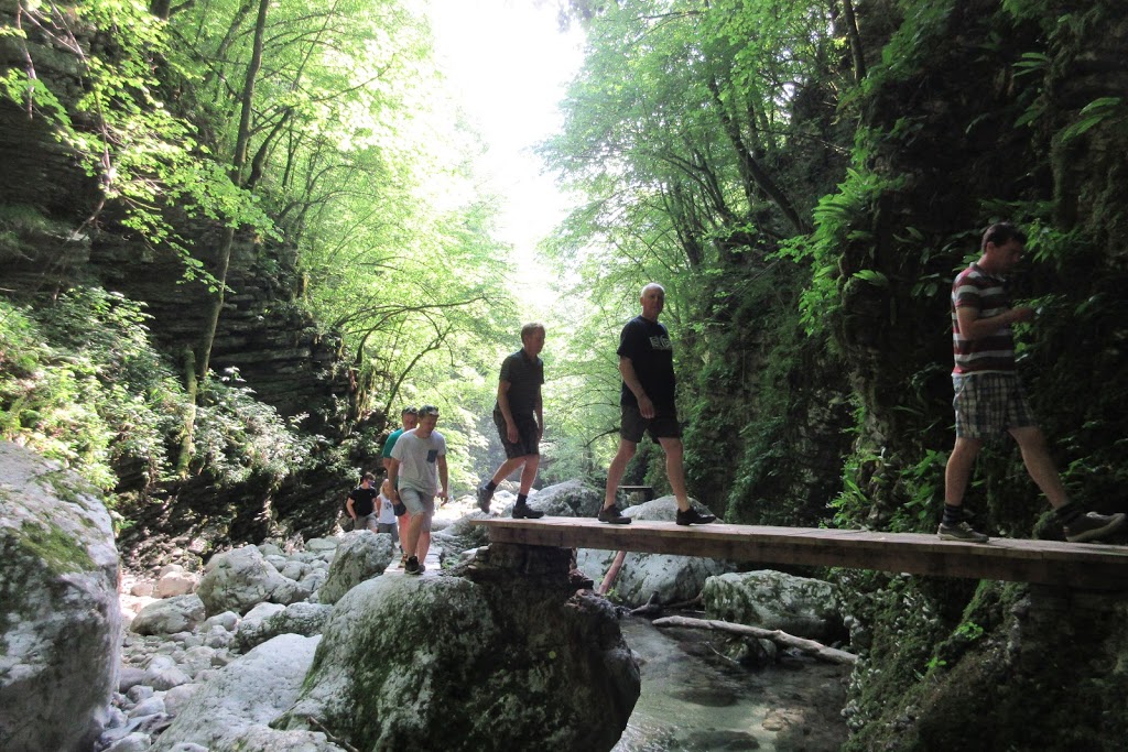 Crossing a bridge before the Kozjak waterfall, Slovenia