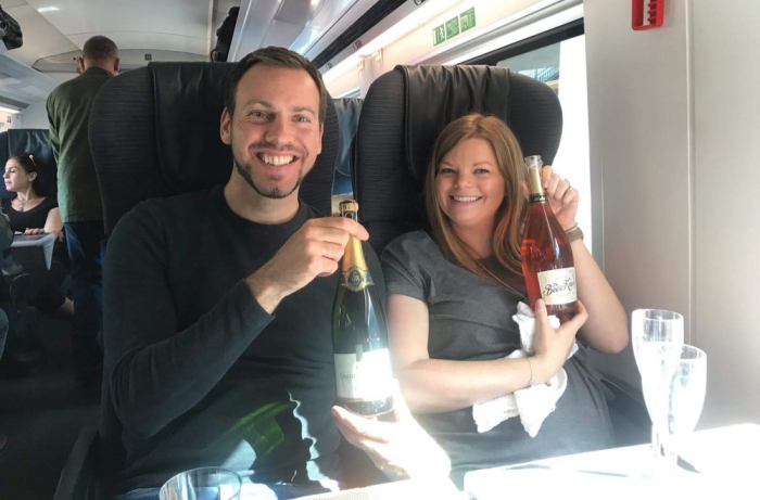 Drinking fizz on the Eurostar to Bruges