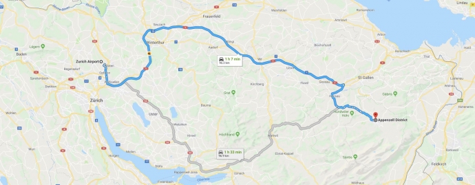 Zurich to Appenzell route map