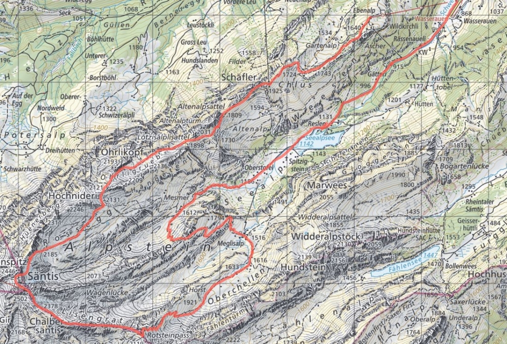 Ebenalp, Schafler to Santis, Rotsteinpass, Mesmer and Seealpsee Map