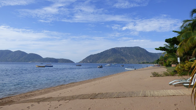 The view looking East over the golden beach shore of Lake Malawi - Cape McClear