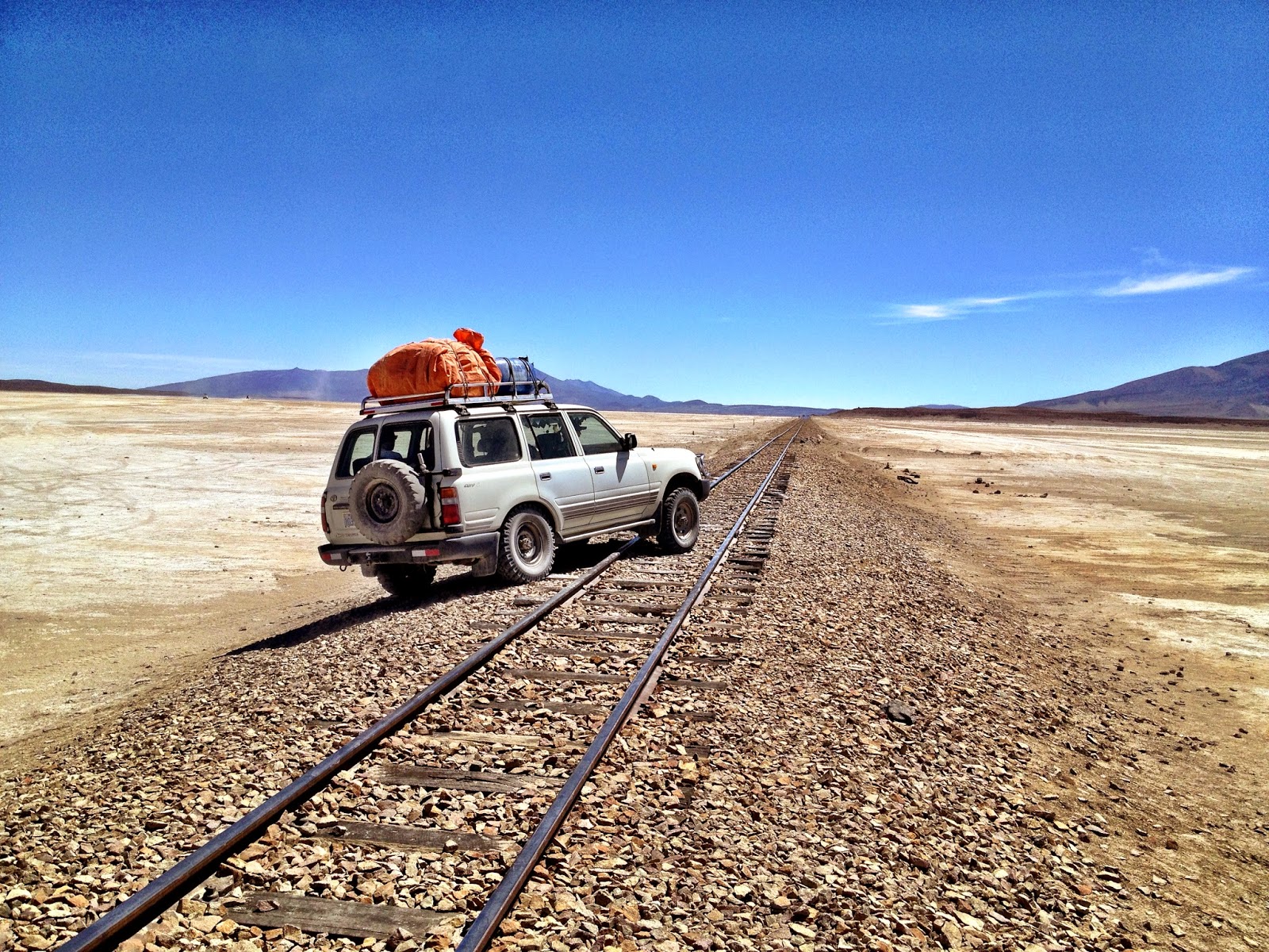 Crossing a train track in the Uyuni desert