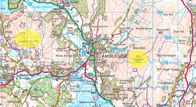 Map highlights of beginner walks around Ambleside, Lake District