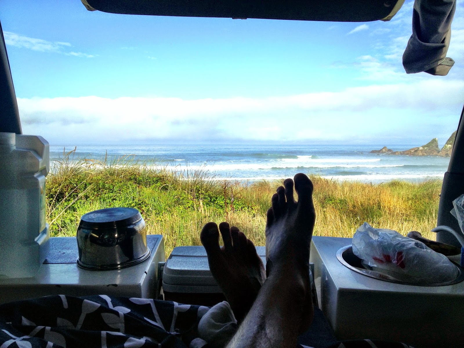Campervan view overlooking Westport surf - New Zealand