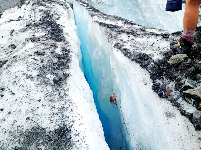 Playing in the ice crevasses, Fox Glacier