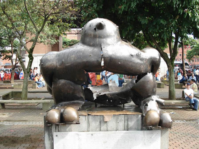 Remains of the Botero bird statue after a car bomb in Medellin in June 1995