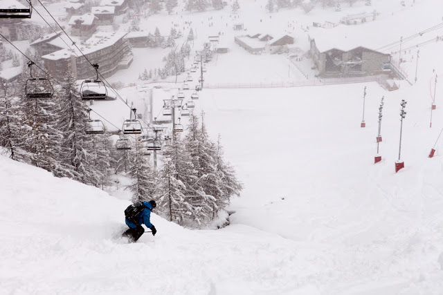 Deep powder skiing down to Val d'Isere, France