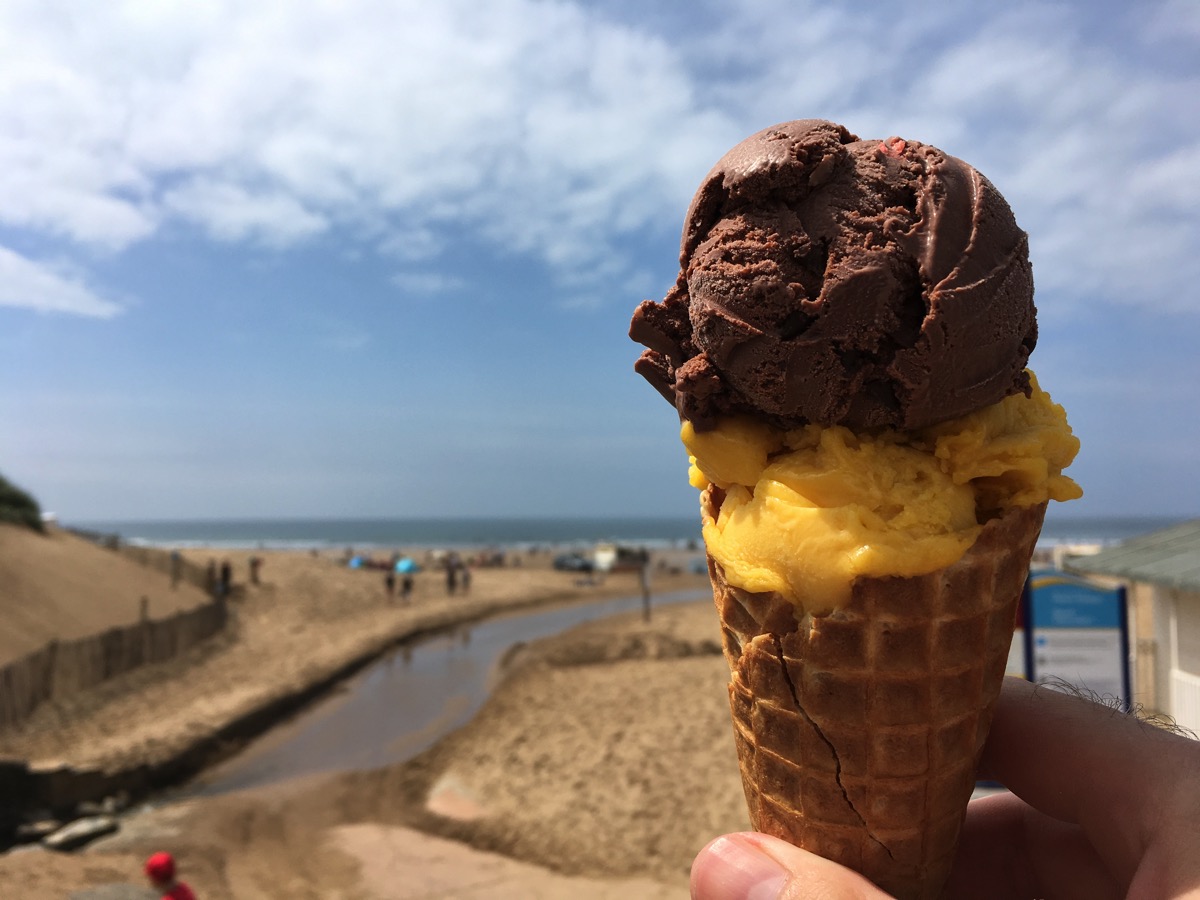 Chocolate chip and mango ice cream - Woolacombe beach, Devon