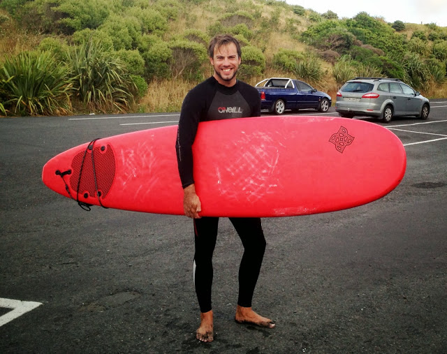 Simon back from surfing at Raglan, New Zealand