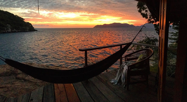 A sunset view from one of the main double rooms on Mumbo Island, Lake Malawi