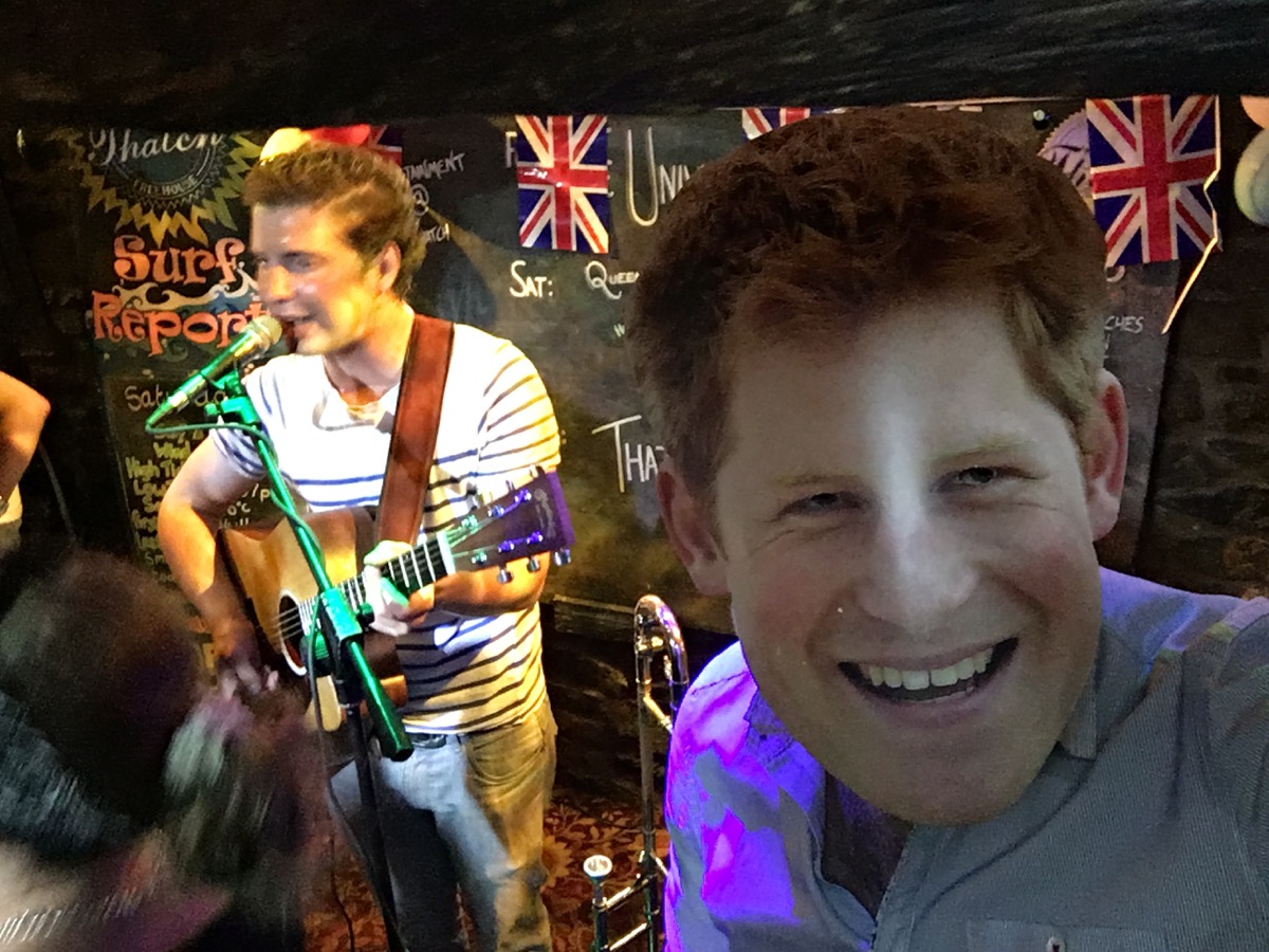 Simon wearing a Prince Harry mask - Queen's 90th birthday - Thatch, Croyde