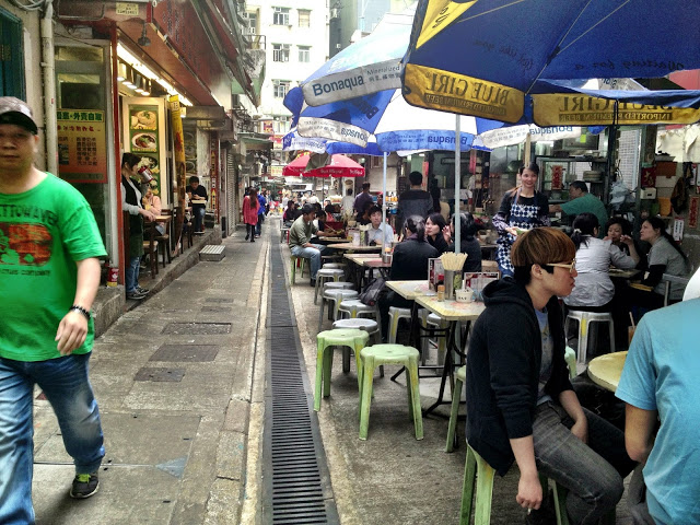 One of the few remaining open street food stall areas in Hong Kong